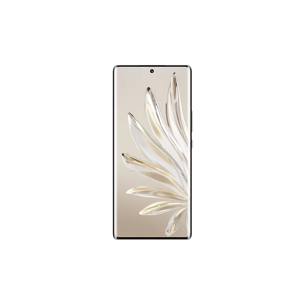 Smartphone mit goldfarbenem Display. Auf dem Bildschirm ein Muster aus Blütenblättern. Schwarzer Rahmen und Kamera oben.