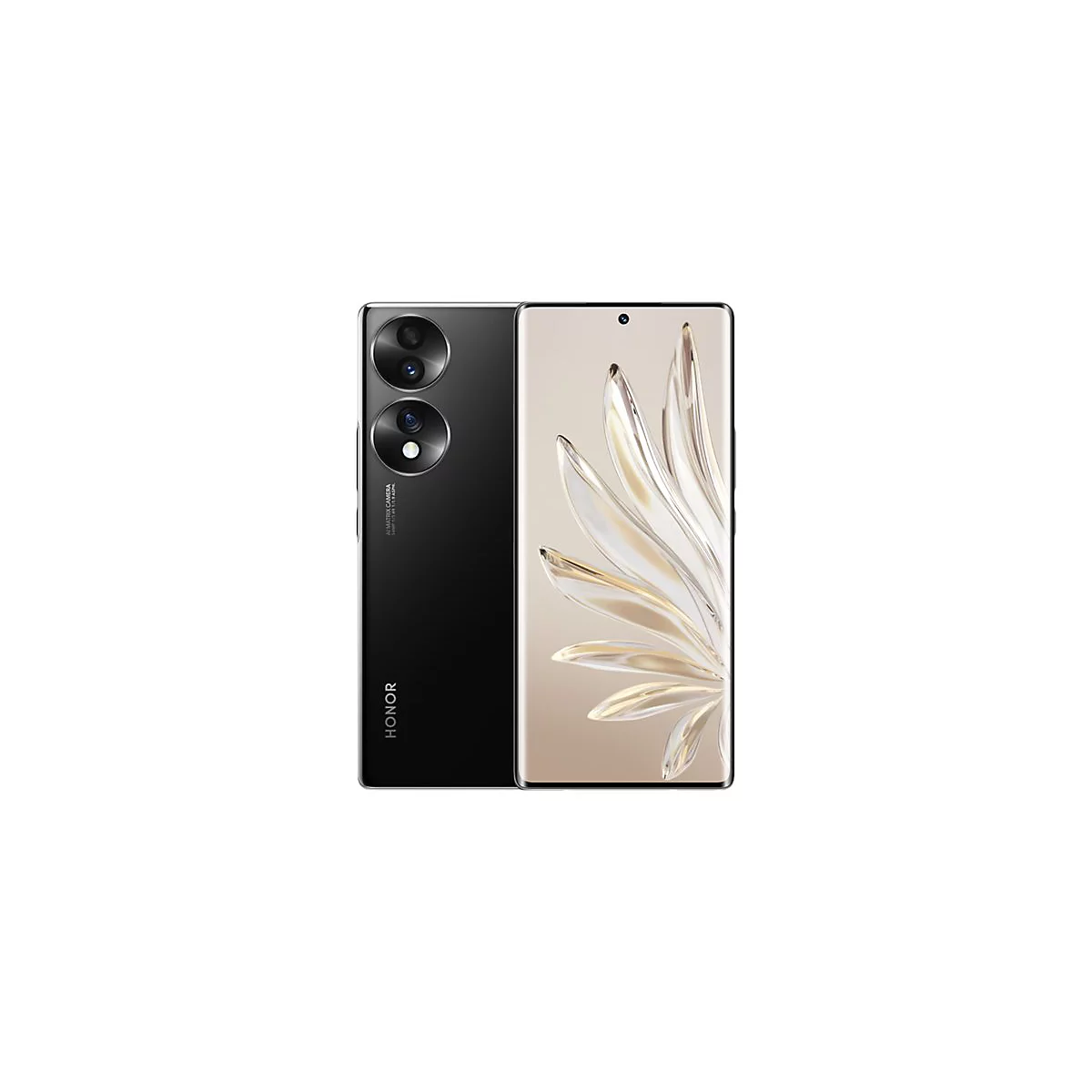 Schwarzes Smartphone mit zwei Kameras und Bildschirm, floralem Muster.