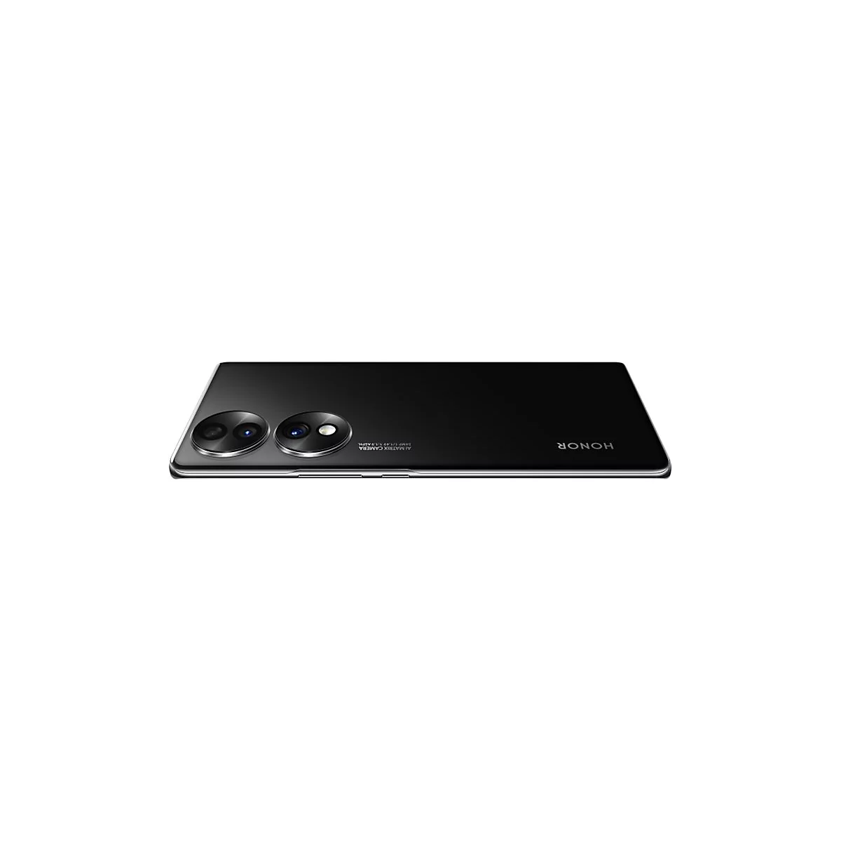 Schwarzes Smartphone, Rückansicht, zwei Objektive, darunter HONOR-Logo.