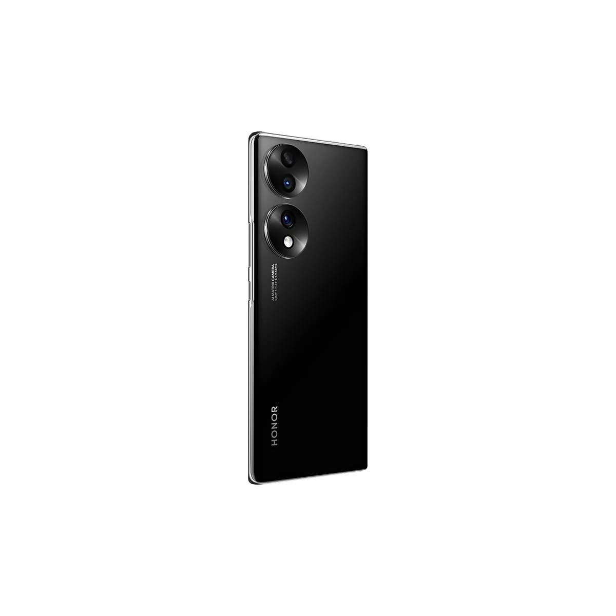 Schwarzes Smartphone im 3/4-Profil. Zwei runde Kameralinsen. HONOR-Logo unten. AI Matrix Camera Schriftzug.