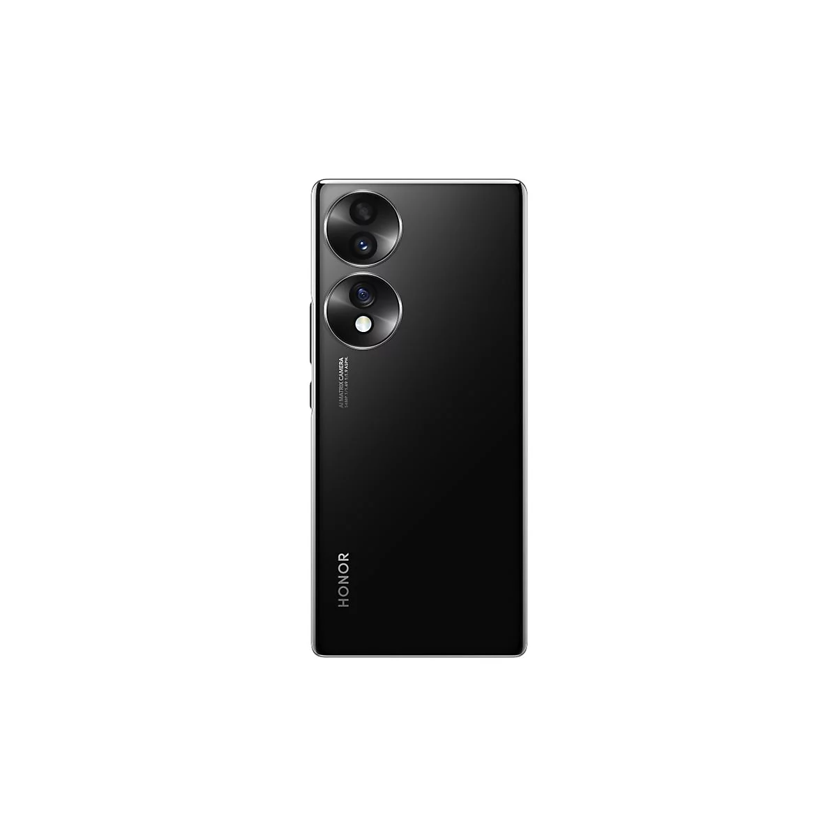 Schwarzes Smartphone, Rückseite, oben zwei kreisförmige Kameraobjektive, darunter ein Objektiv. Firmenlogo und Schriftzug.