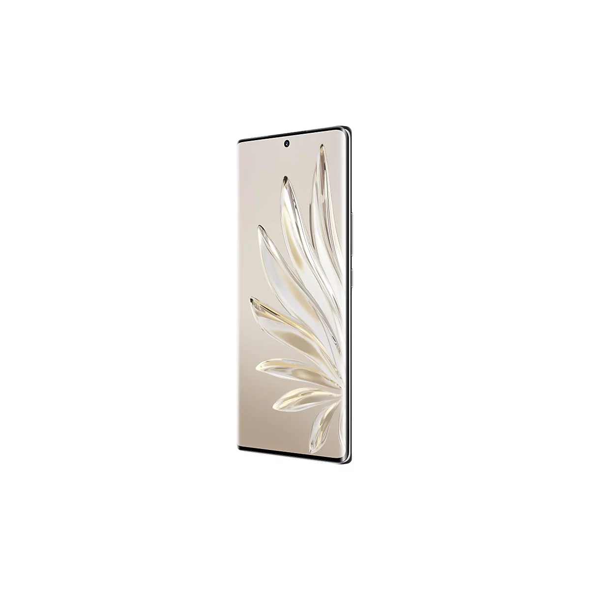 Smartphone mit einem goldfarbenen Muster auf dem Display, auf weißem Hintergrund. Die seitliche Ansicht zeigt einen schmalen Rahmen.