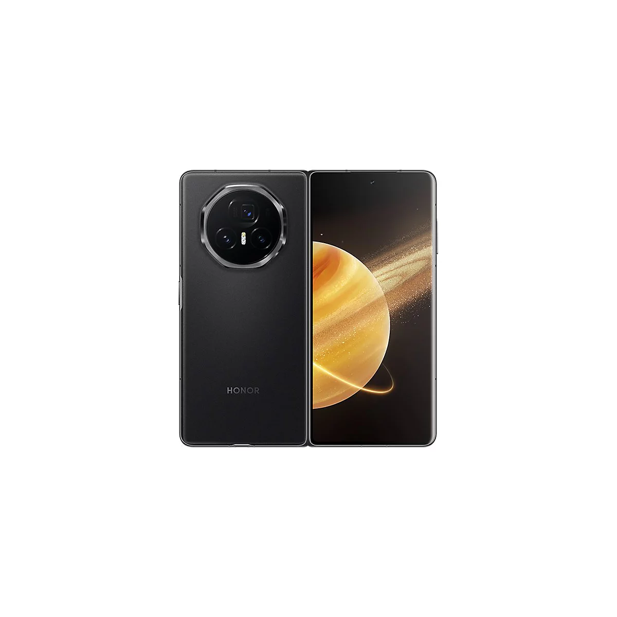 Schwarzes, zusammengeklapptes Smartphone, Rückseite und Display sichtbar. Auf der Rückseite das Honor-Logo und eine runde Kamera.