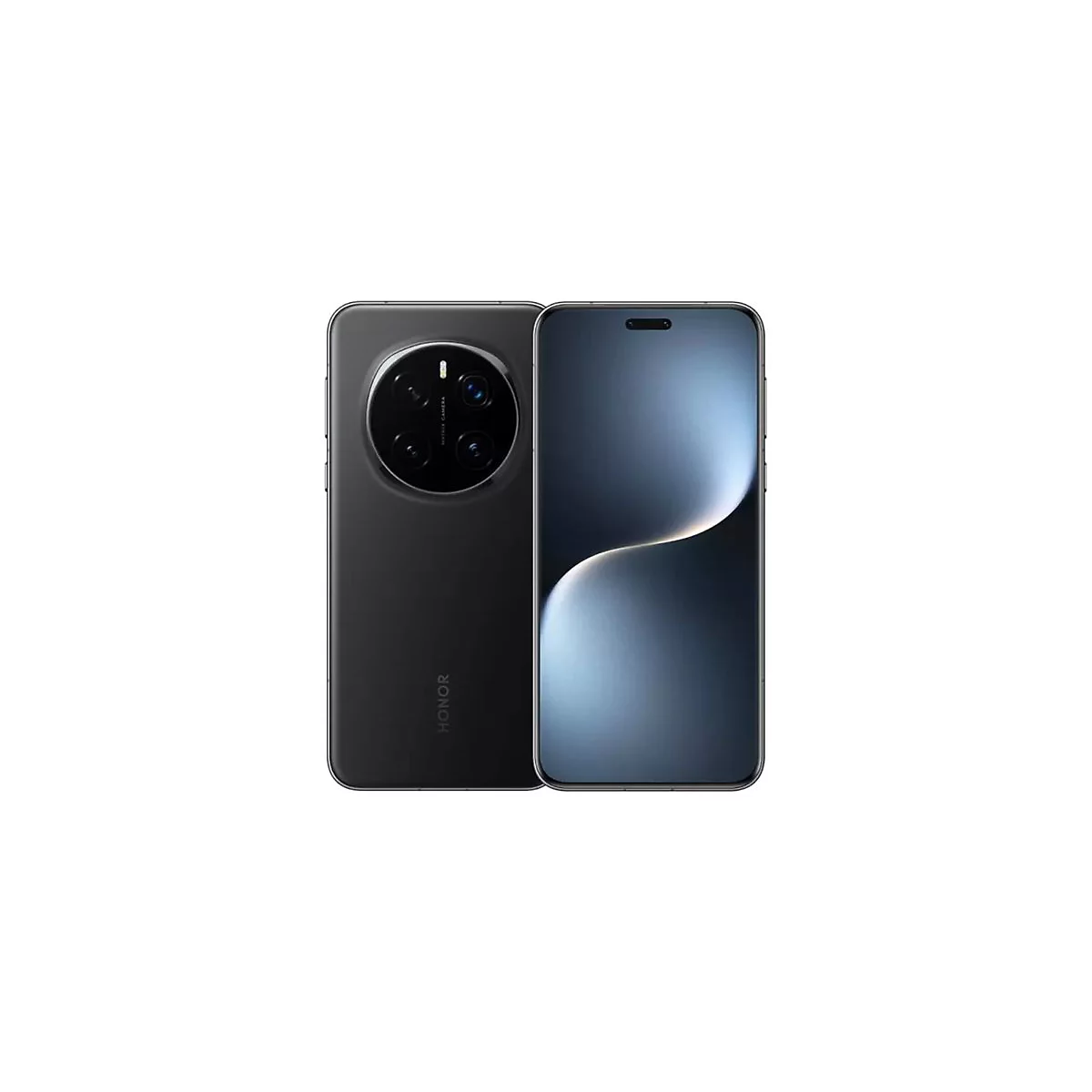 Schwarzes Smartphone, Vorder- und Rückseite. Auf der Rückseite Kamera, auf der Vorderseite Display. HONOR-Logo.