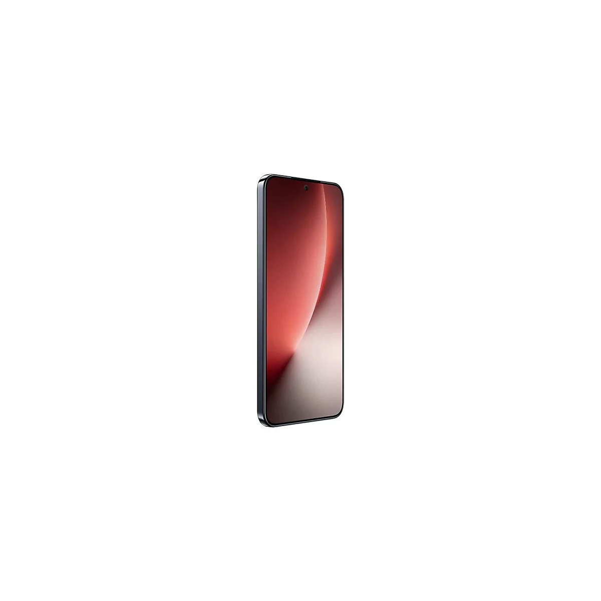 Modernes Smartphone mit schlankem Rahmen und abstraktem, rötlichem Display-Hintergrund auf weißem Grund.