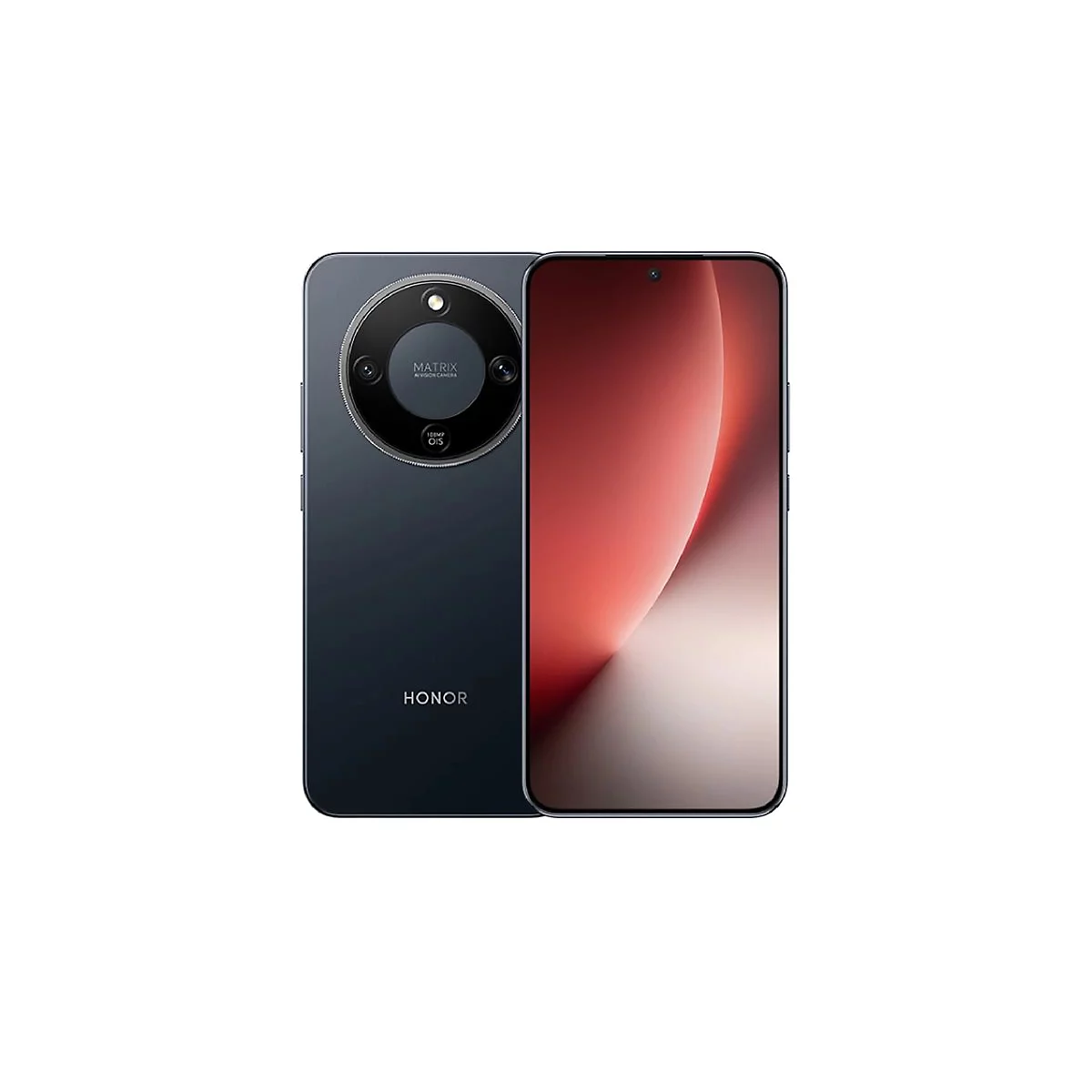 Dunkelgraues Honor Smartphone mit rundem Kameramodul auf der Rückseite und leuchtendem Display.
