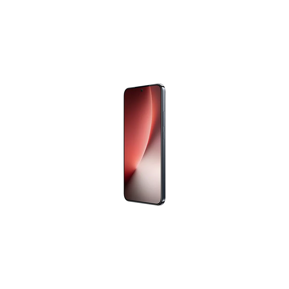 Modernes Smartphone in dunklem Rahmen mit rotem, abstraktem Hintergrund auf dem Display.