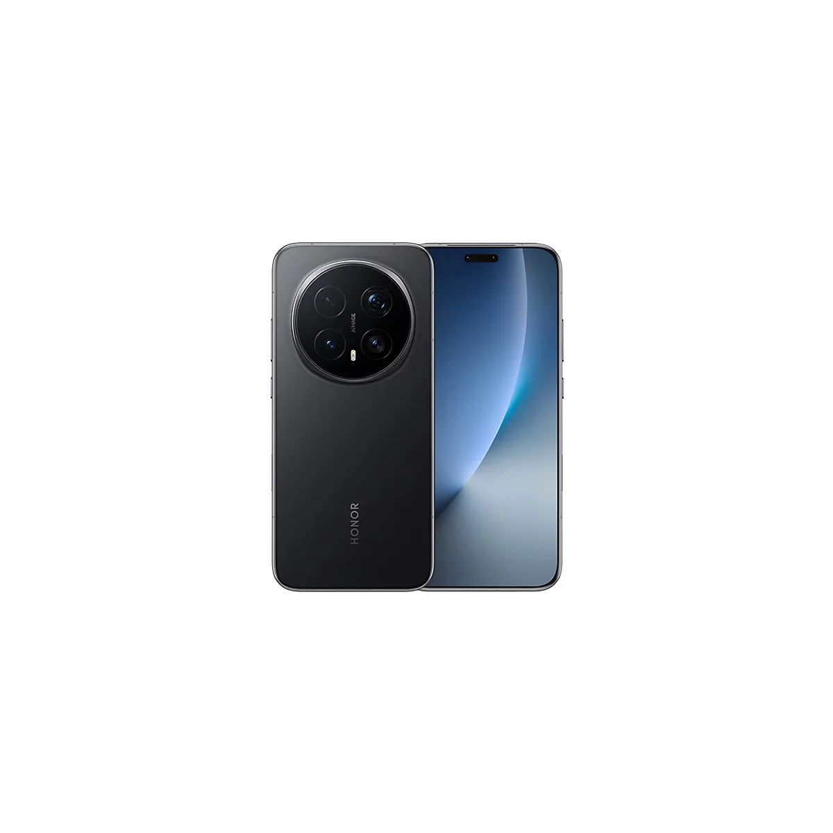 Schwarzes HONOR Smartphone, Vorder- und Rückseite gezeigt, mit kreisförmigem Kameramodul auf weißem Hintergrund.
