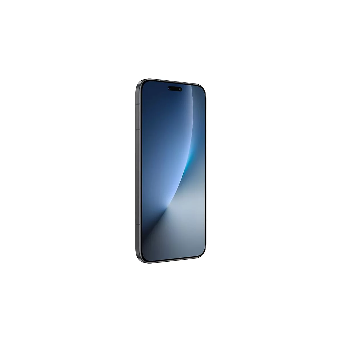 Dunkles Smartphone in Seitenansicht mit leuchtendem, blauem Display vor weißem Hintergrund.