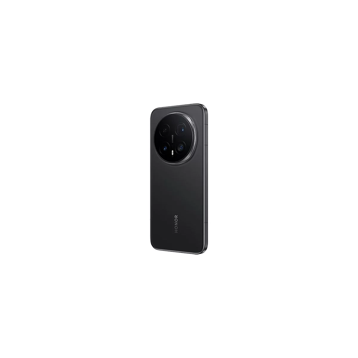 Schwarzes Honor Smartphone in der Seitenansicht mit großem, rundem Kameramodul auf der Rückseite.