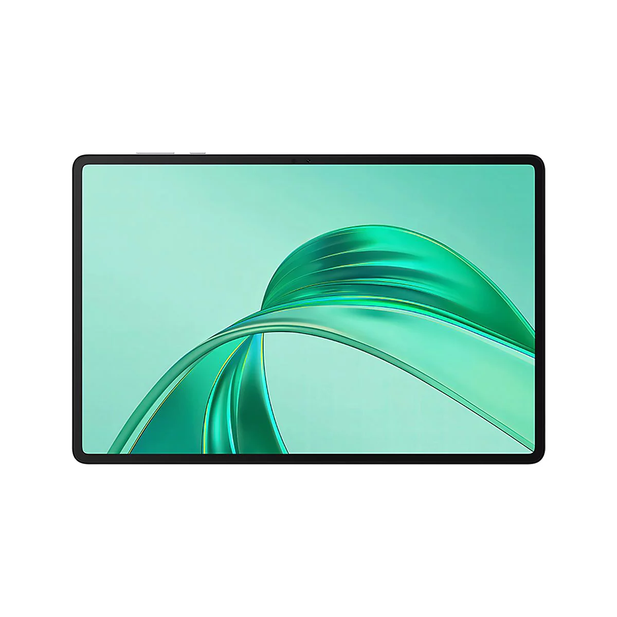 Schwarzes Tablet mit breitem Bildschirm, grünem Hintergrund und abstraktem Design.