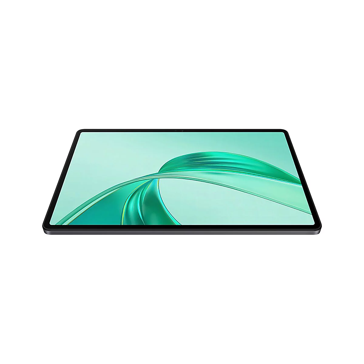 Draufsicht auf ein schwarzes Tablet. Das Display zeigt eine grüne, abstrakte Grafik.