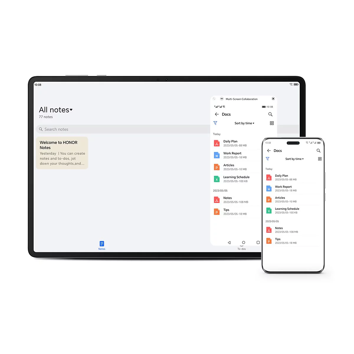 Tablett und Smartphone mit Notiz-App-Oberfläche. Auf dem Tablet sind Notizen und Dokumente abgebildet.