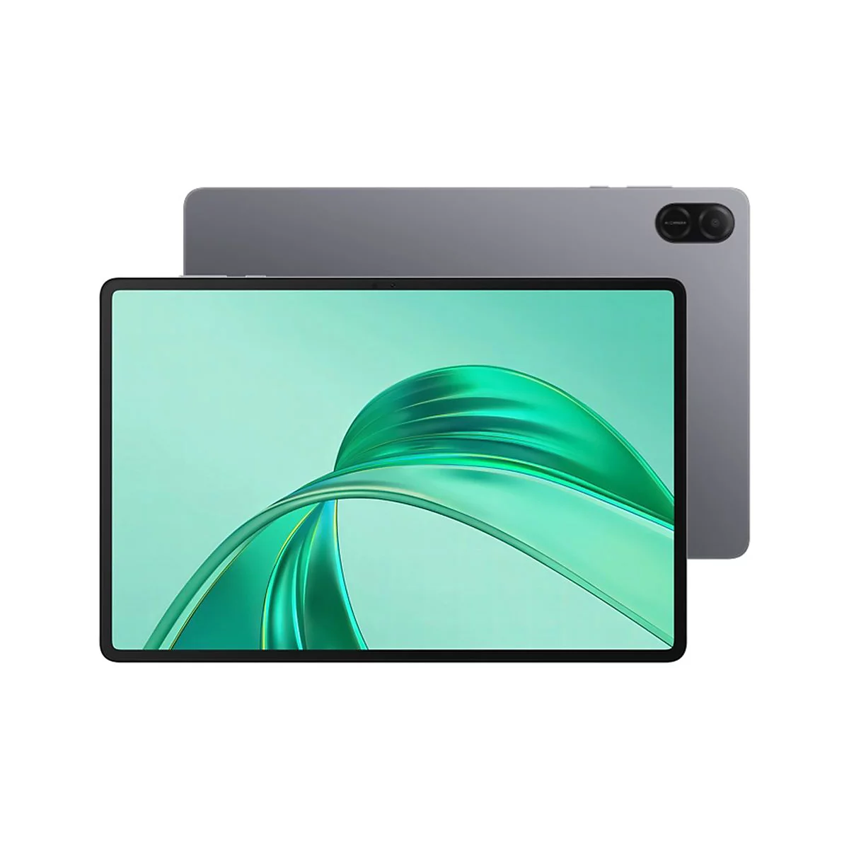 Ein Tablet mit schwarzem Rahmen und grünem Bildschirm, dahinter ein zweites Tablet in Grau.