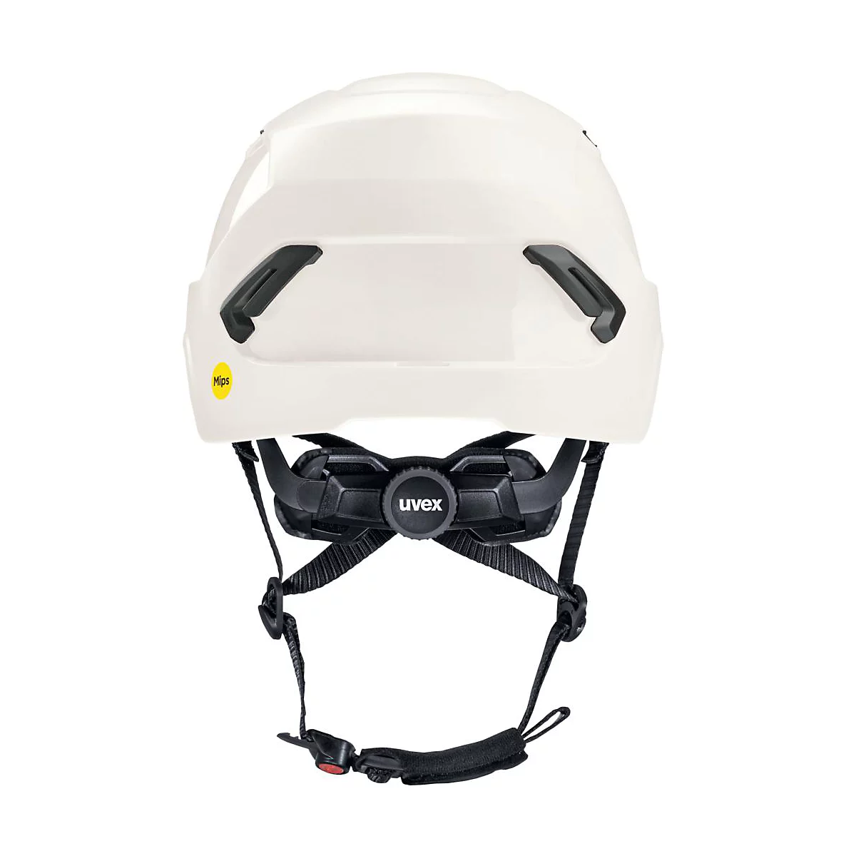 Achteraanzicht van een witte veiligheidshelm met zwarte details en het Uvex-logo.