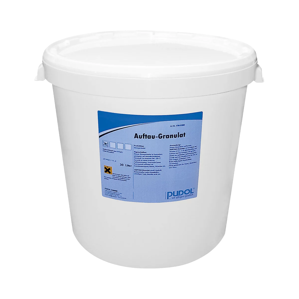Witte emmer met deksel en etiket. Op het etiket staat "Auftau-Granulat". Het "pudol" logo is rechtsonder te zien.