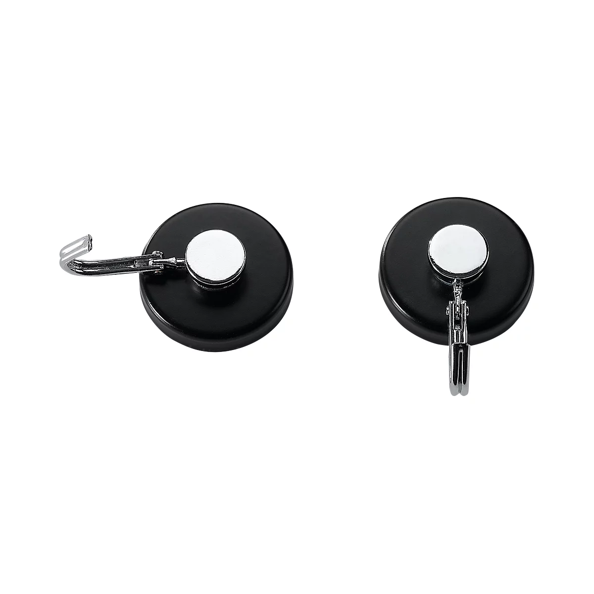Two magnetic hooks on a white background: round, black base with silver hooks.