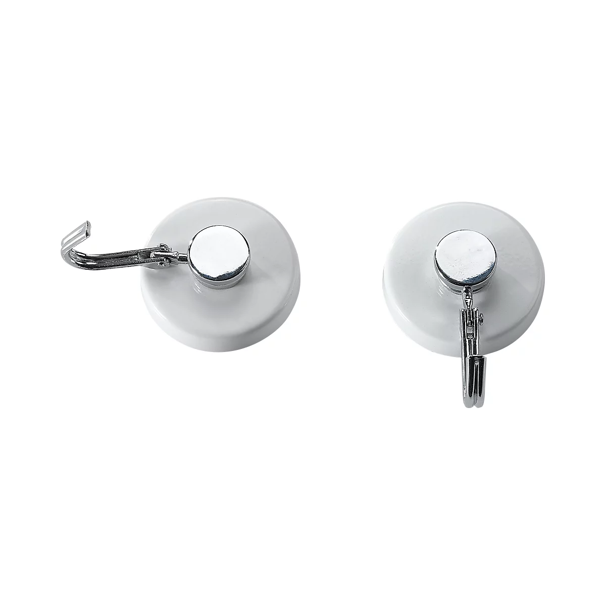 Two white magnetic hooks with silver hooks. Both are round and have a small, silver center.