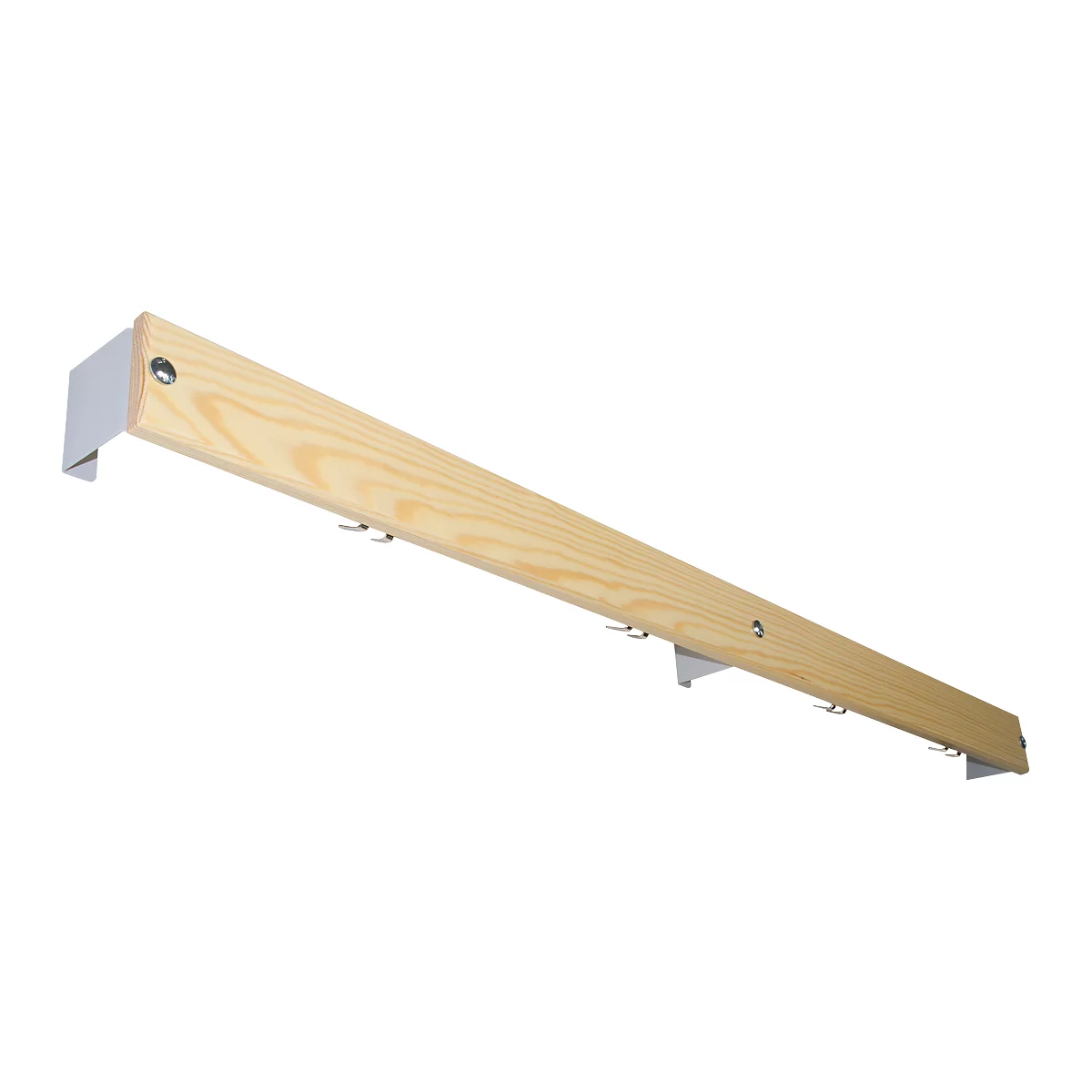 Wooden beam with hooks and metal brackets, for wall mounting. Light wood and gray metal parts.