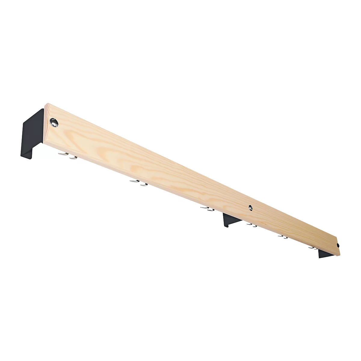 Wooden coat rack with hooks, attached to metal brackets.