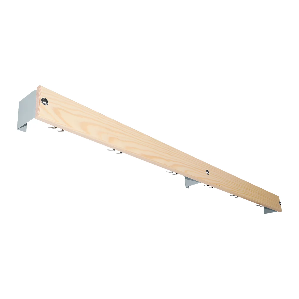 Light wooden clothes rail with hooks. The holder is white, the hooks are silver.