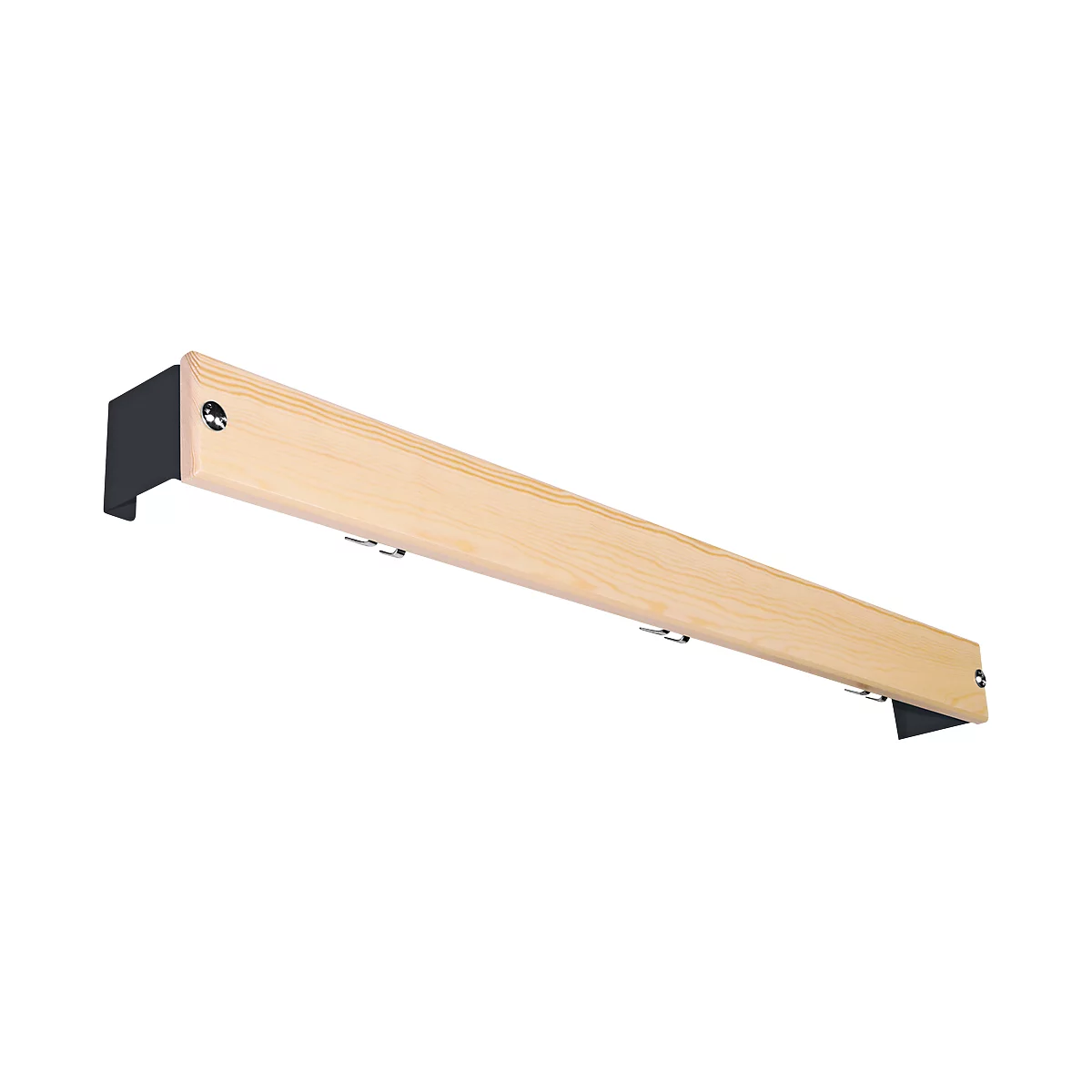 Wooden board with metal brackets and hooks, against a white background. The wood grain is clearly visible.