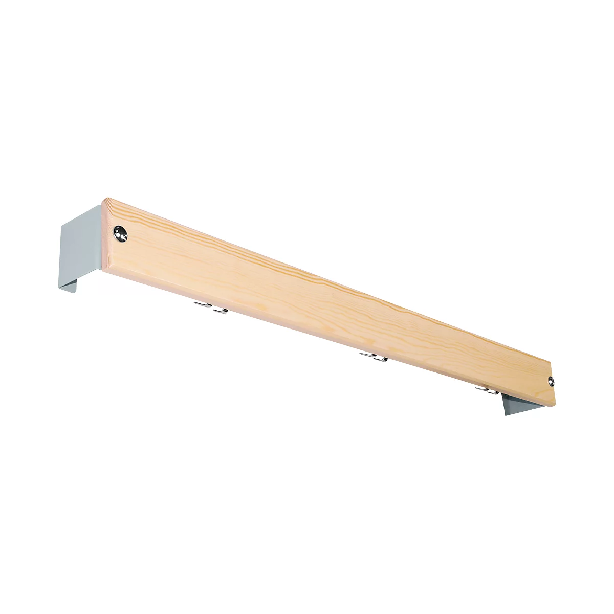 Wooden curtain rod with gray brackets. The rod is light brown and has metal hooks for the curtains.