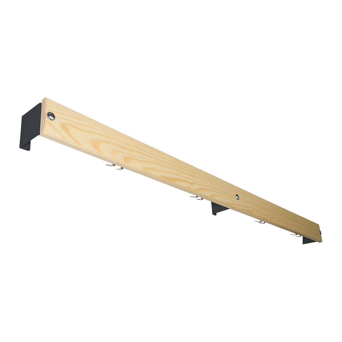 Wooden rail with metal holders and hooks, designed to be mounted on a wall.