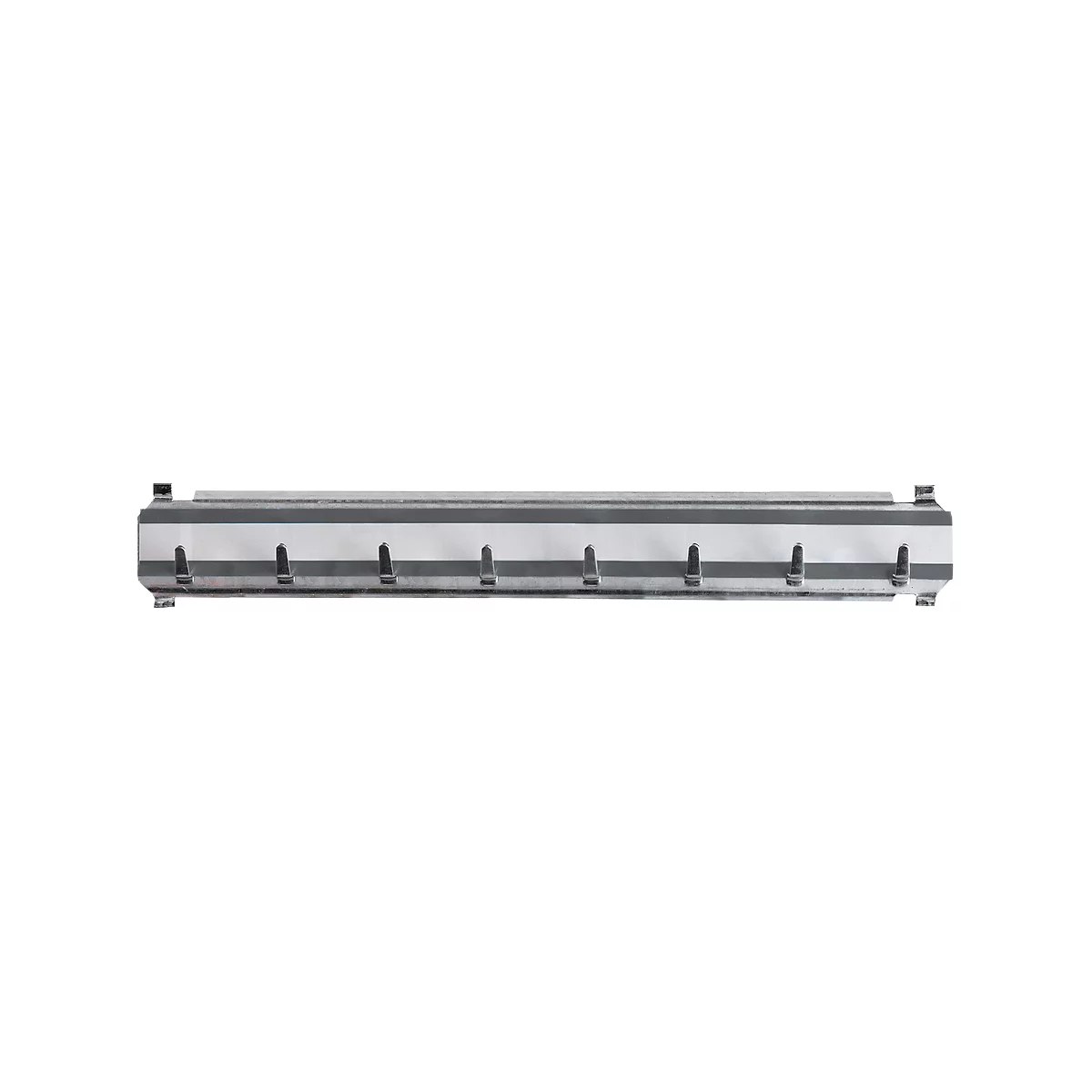 An elongated, silver metal part with multiple rectangular recesses and a series of small, black details.