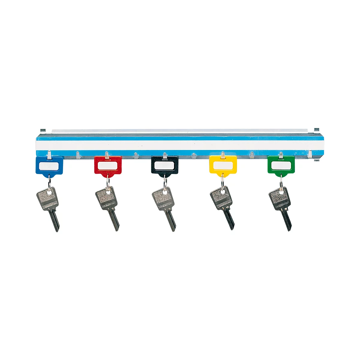 Key rack with five colored tags and keys.