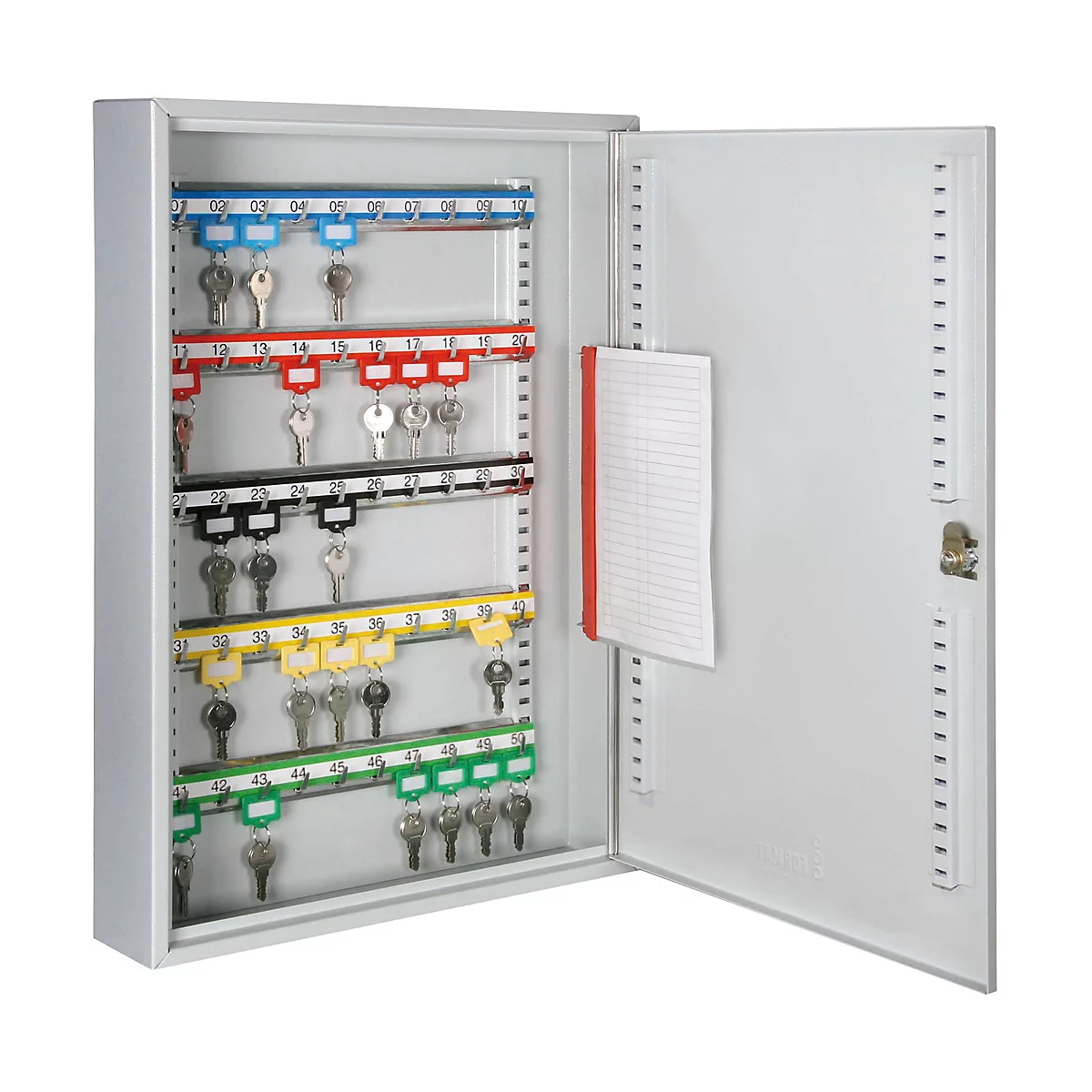 Opened grey key cabinet with coloured labels and keys. Notepad inside.