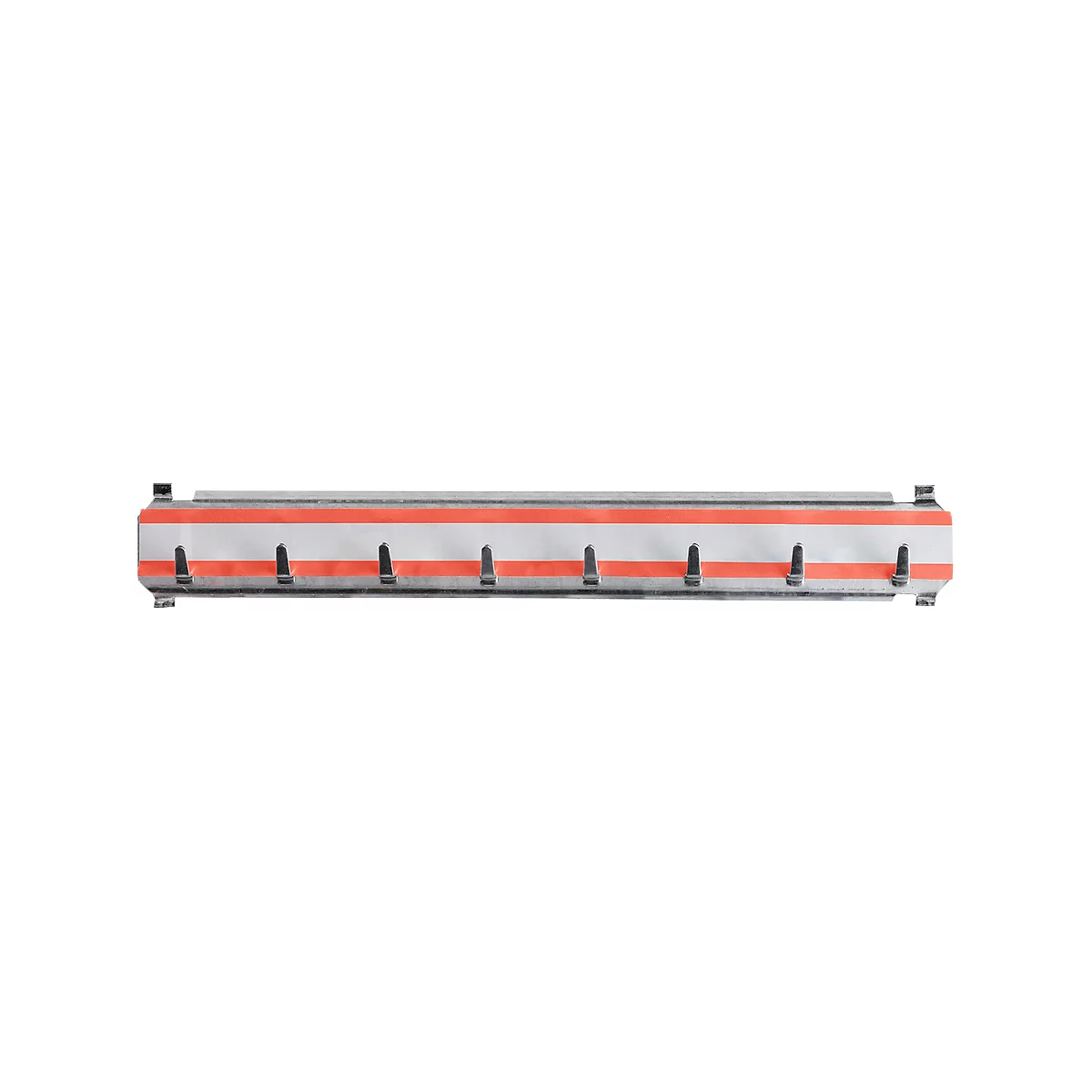 Elongated, white and red object with dark struts evenly distributed.