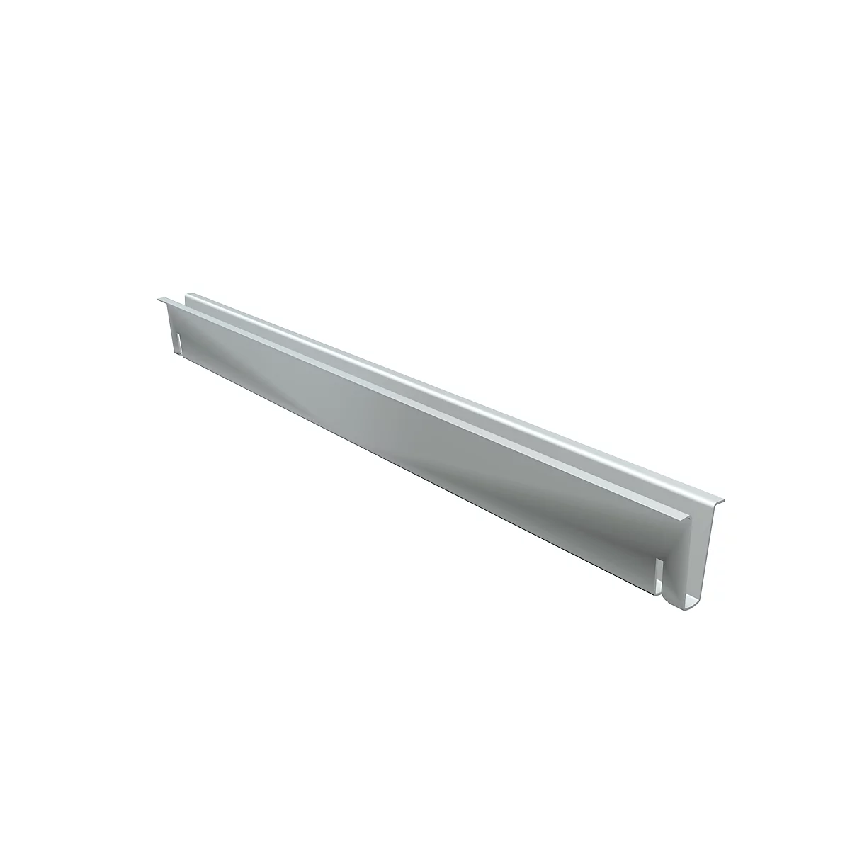 An elongated, silver-gray metal profile, presented slightly in perspective, against a white background.