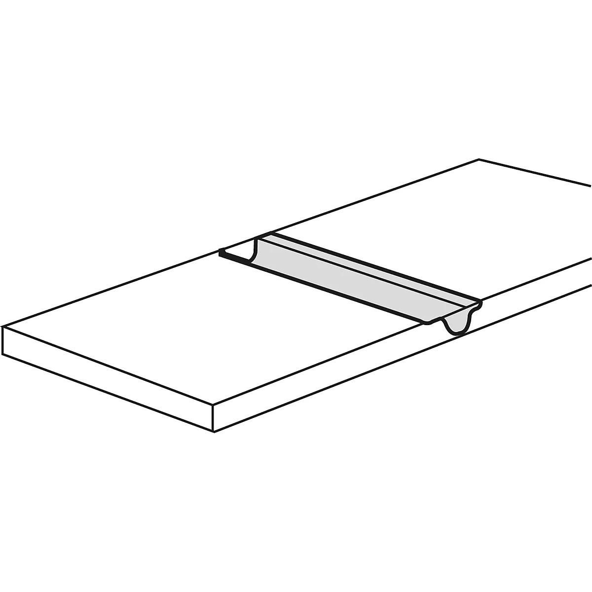 Gray, elongated recess in a gray board, perspectively depicted. The board has a flattened edge.
