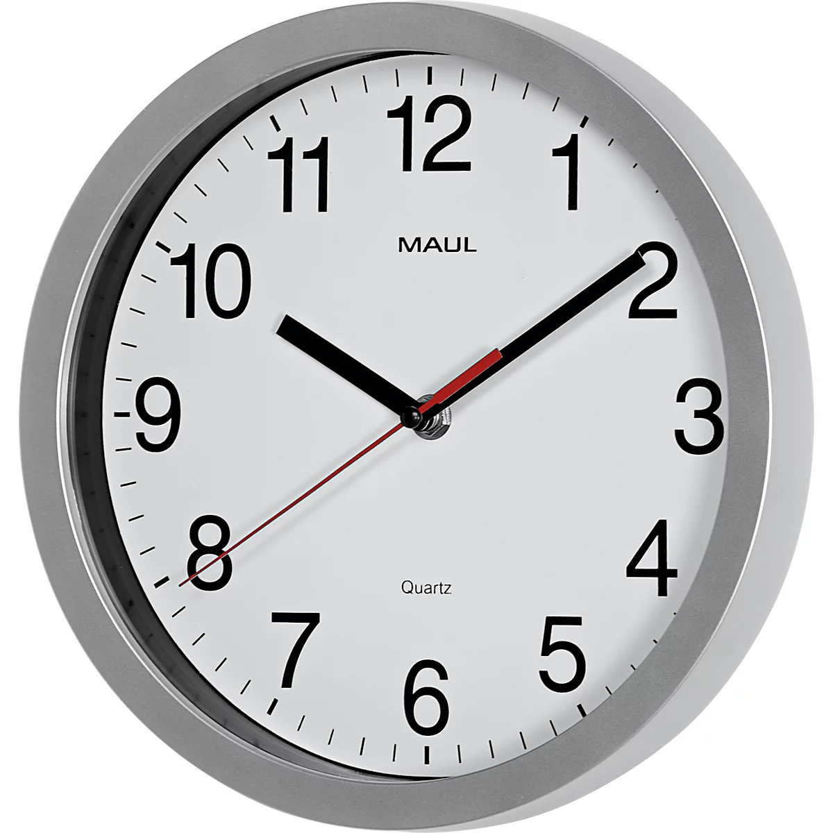 Une horloge murale argentée avec un cadran noir et une trotteuse rouge. L'horloge affiche 10h10.