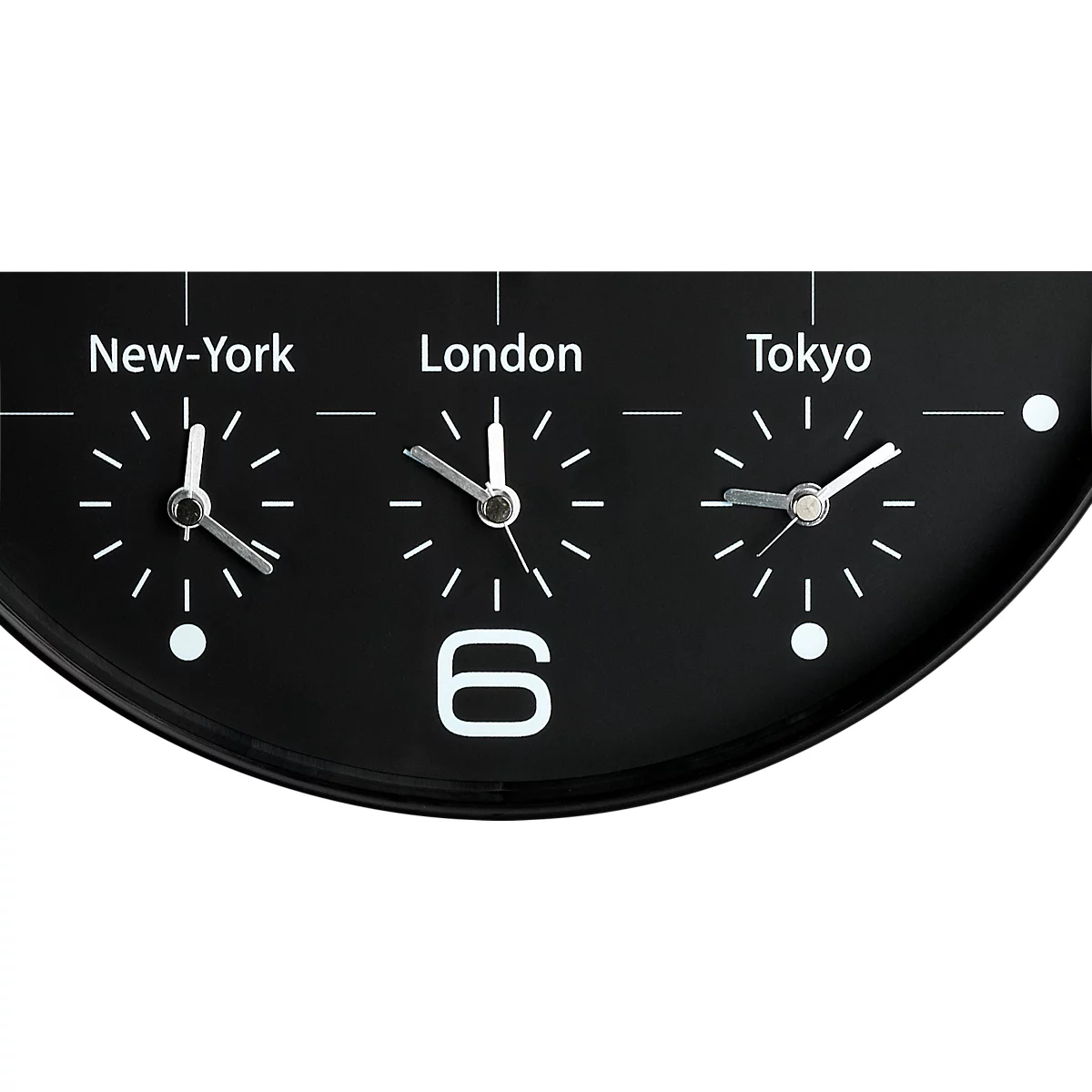 Horloge mondial noir indiquant l'heure à New York, Londres et Tokyo.