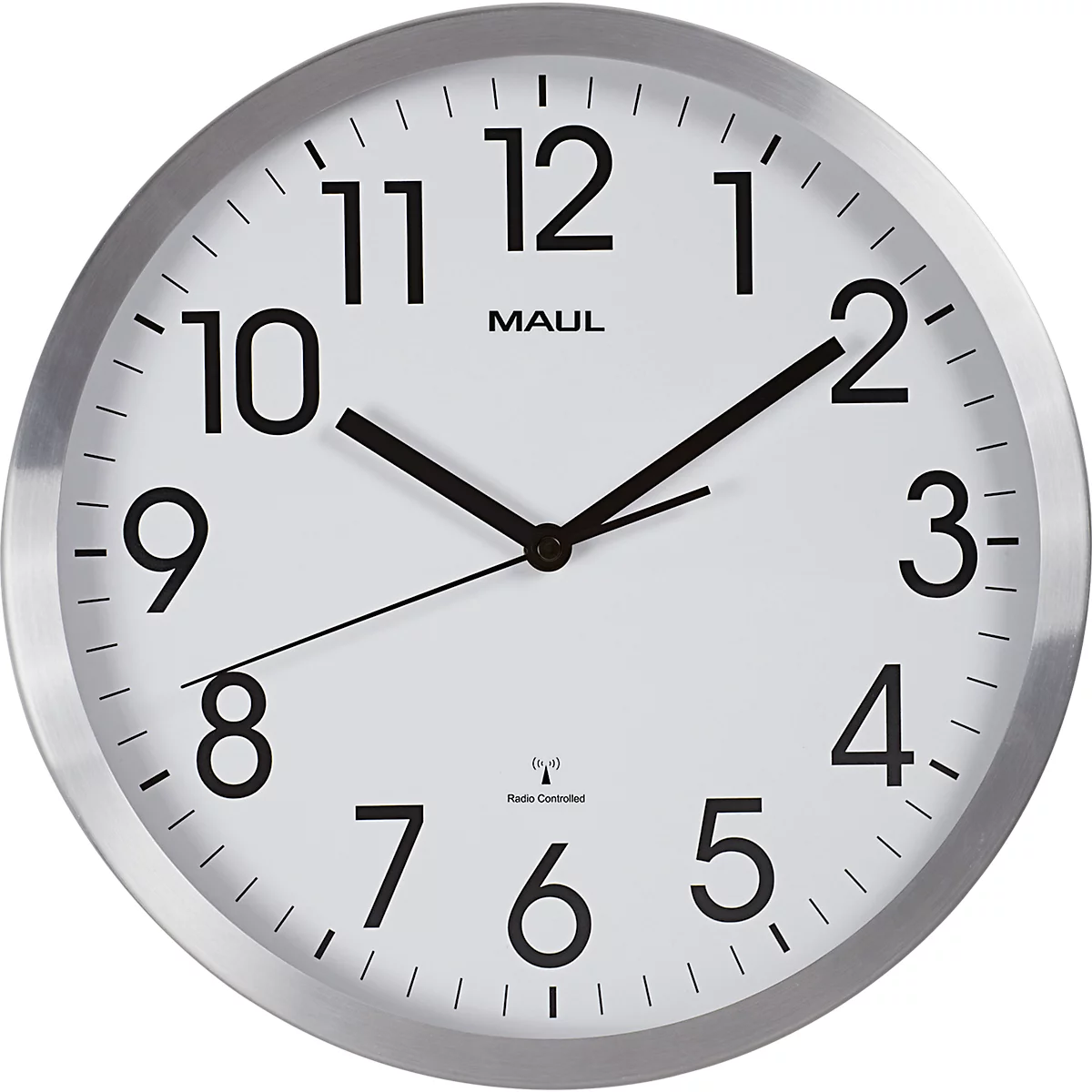 Horloge murale radio Maul MAULmove, ronde, pour l'intérieur, chiffres arabes, minutes &amp; unités d'heure, ∅ 305 mm, aluminium &amp; verre minéral, couleur alu-blanc-noir, pile incluse