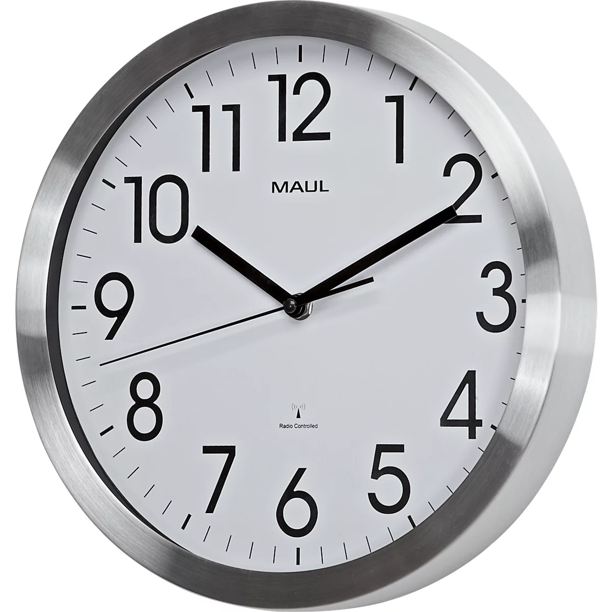 Horloge murale radio Maul MAULmove, ronde, pour l'intérieur, chiffres arabes, minutes &amp; unités d'heure, ∅ 305 mm, aluminium &amp; verre minéral, couleur alu-blanc-noir, pile incluse
