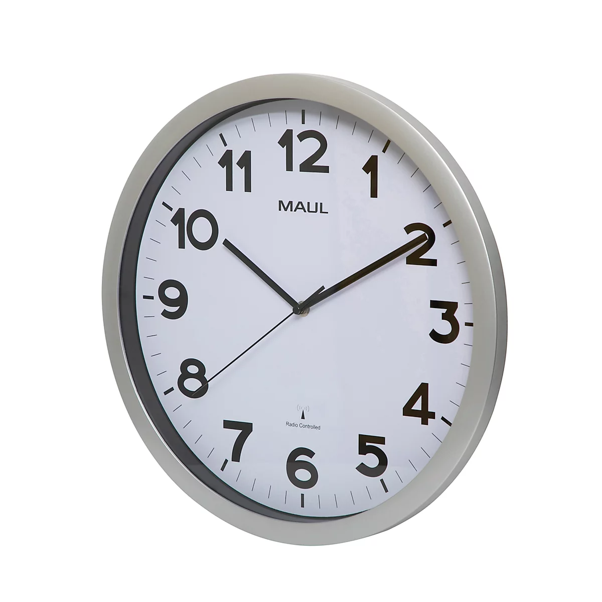 Horloge murale radio Maul MAULstep, argentée, pour l'intérieur, chiffres arabes noirs, changement d'heure automatique, ronde, Ø 350 mm, plastique &amp; verre, avec pile
