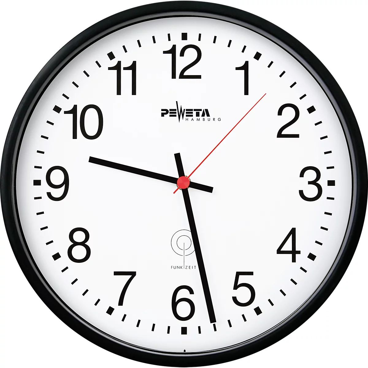 Horloge murale radio Peweta Ø 250 mm, noir, chiffres arabes, horloge radio DCF77, verre minéral