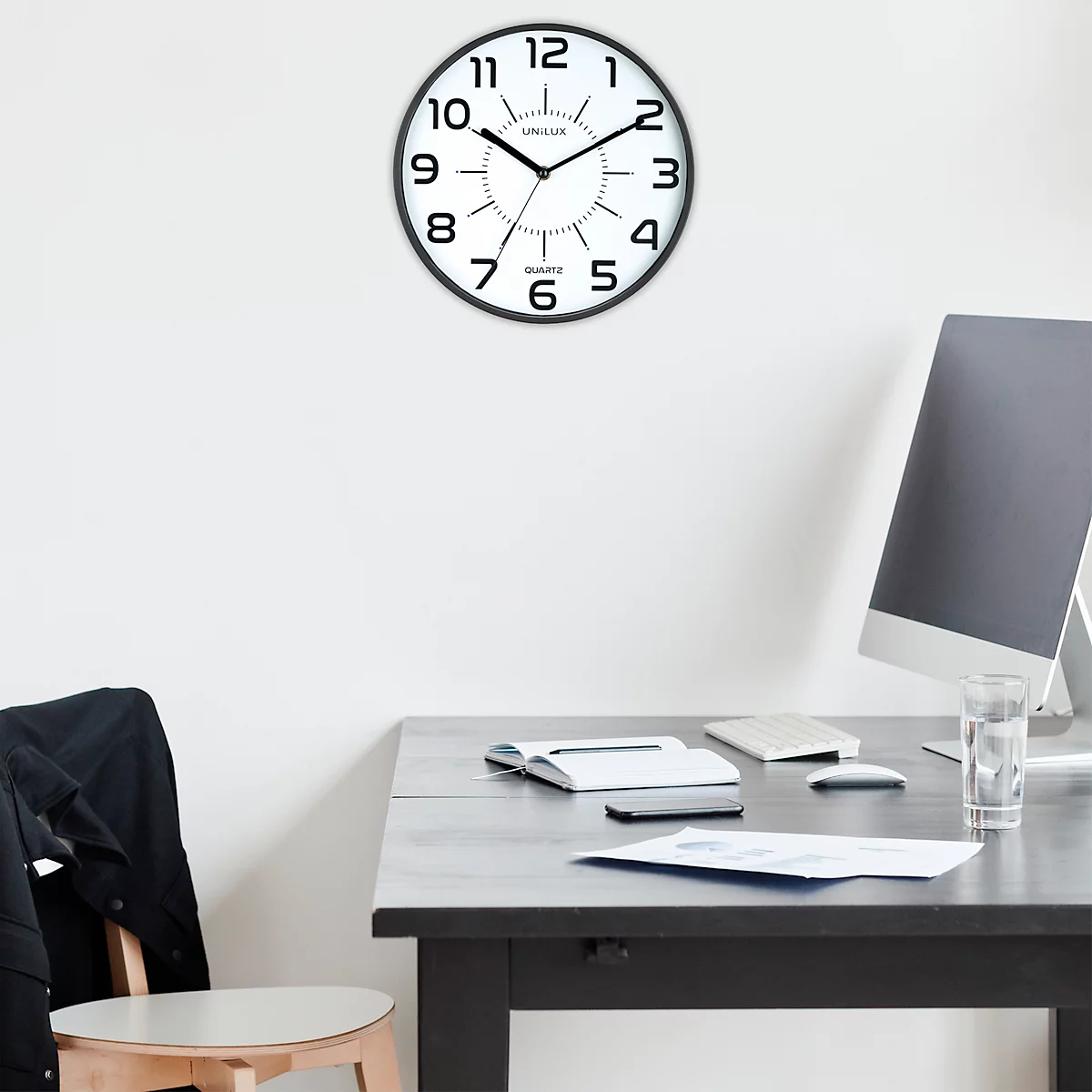Horloge murale Unilux POP noire, diamètre : 30,5 cm, mouvement à quartz, aiguilles silencieuses, pile incluse