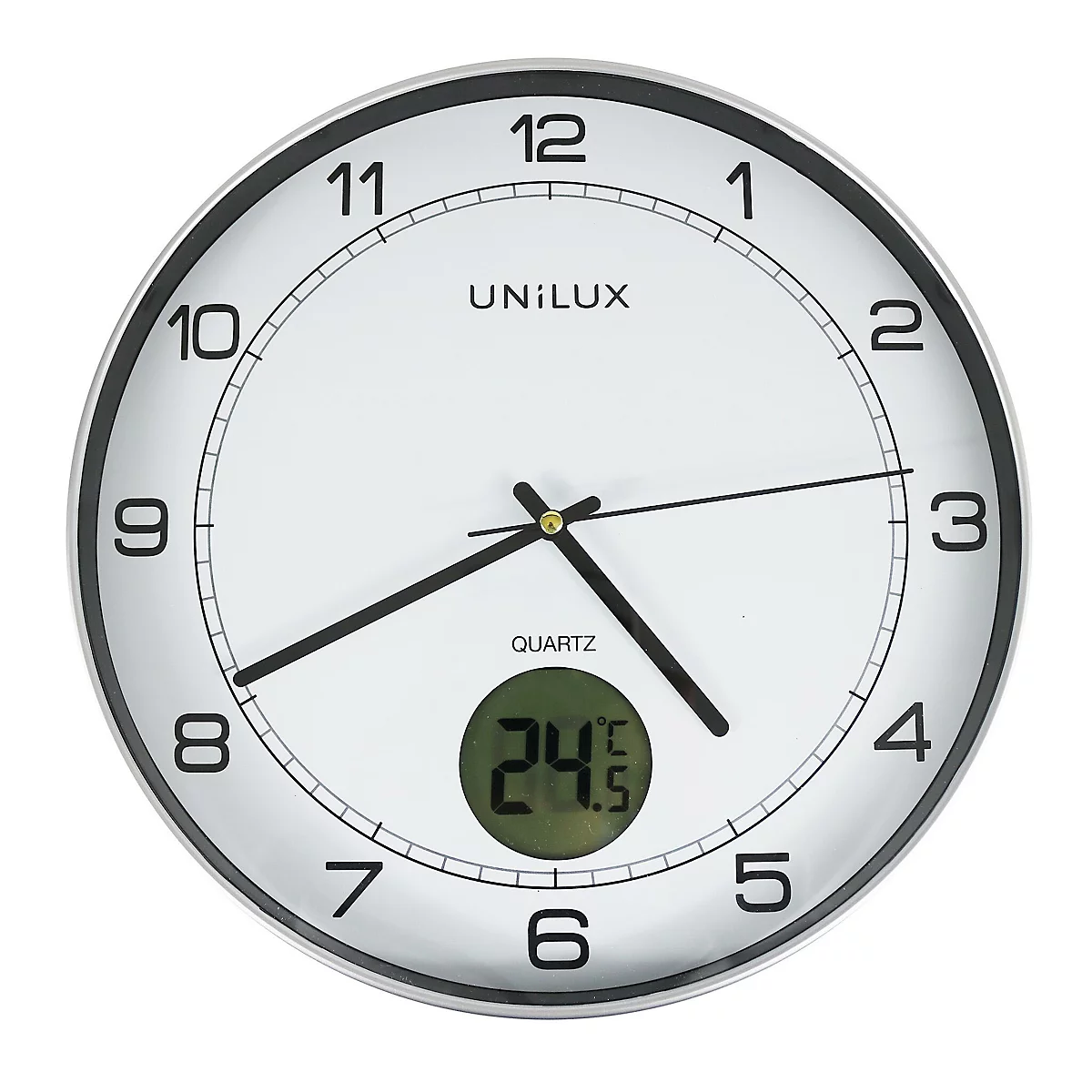 Horloge Ø 300 mm - ABS alu - Verre minéral - Thermomètre / Hygromètre LCD -  Sur pile