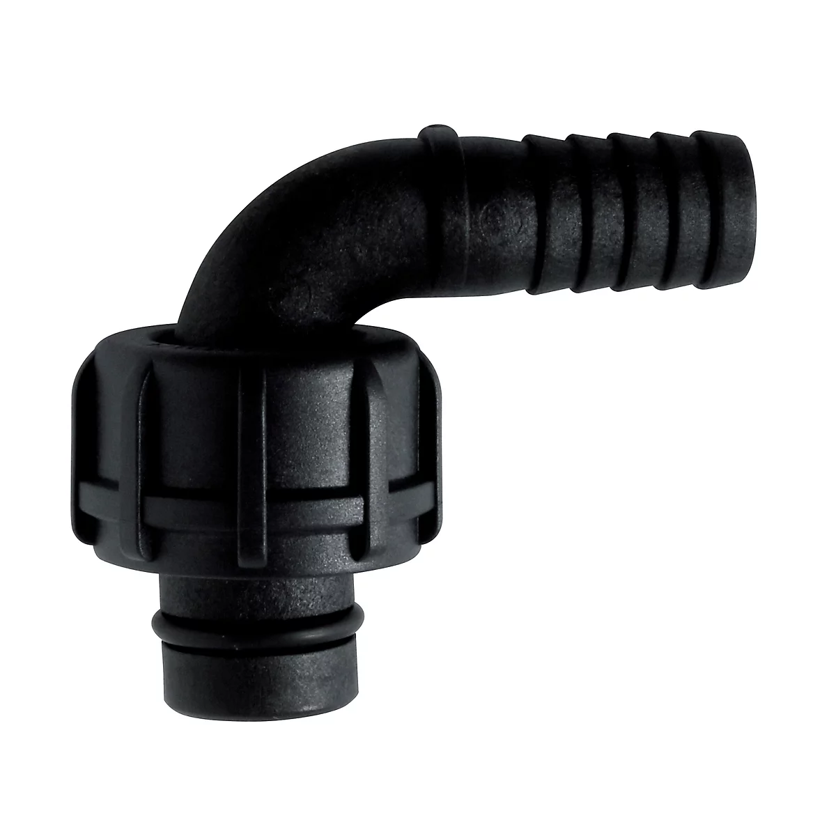 Black plastic elbow connector. One end has a curved connector, the other a ribbed hose connector.