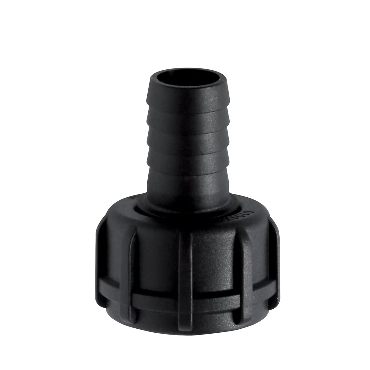 Black plastic hose connector with ribbed top and round connection.