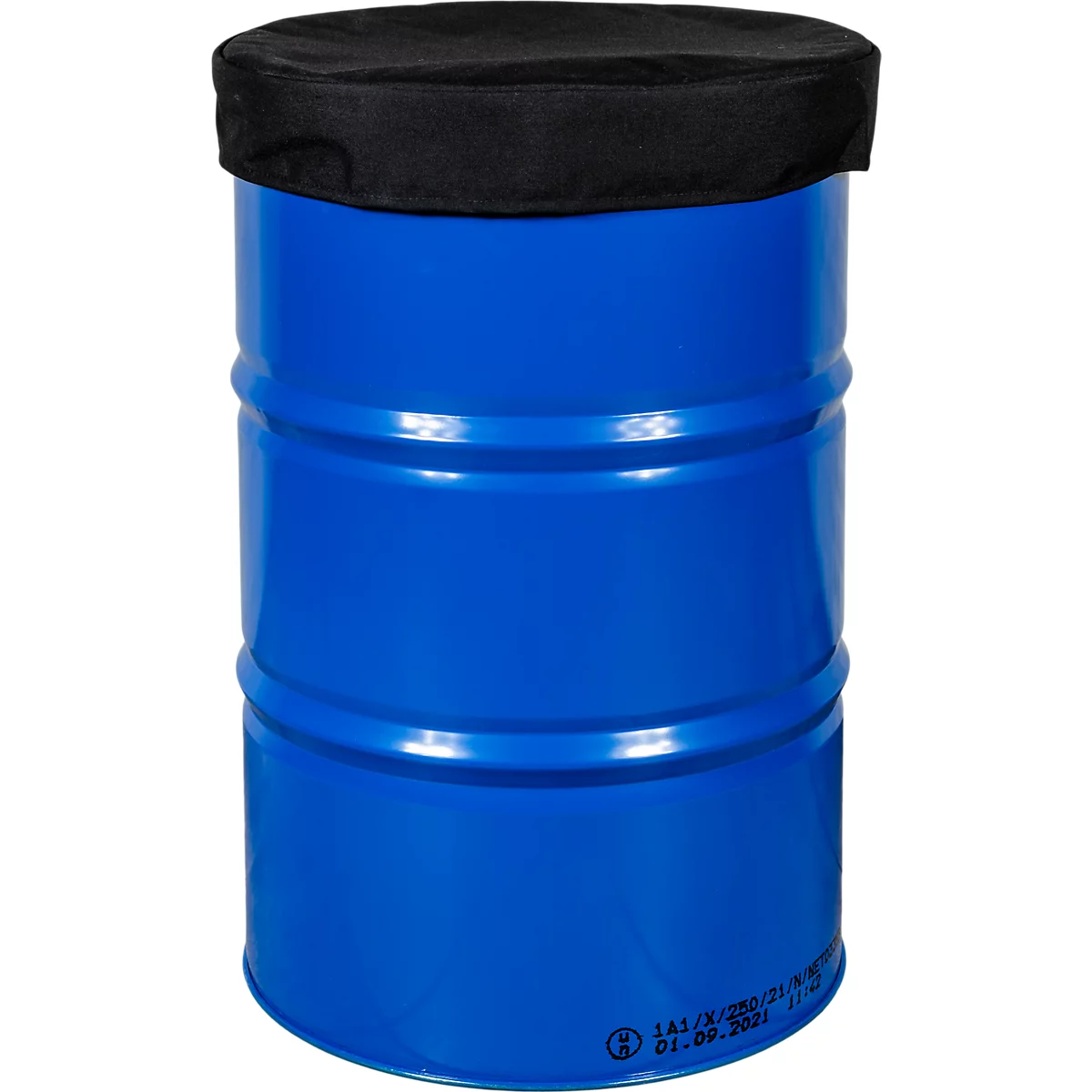 Baril en métal peint en bleu avec couvercle noir, vue détaillée.