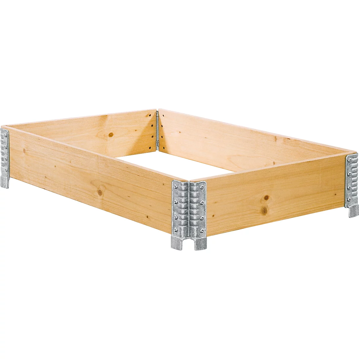 Rechthoekig, open houten frame met metalen hoekverbindingen. De houtkleur is lichtbruin.