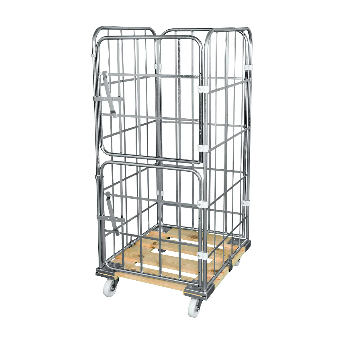 Houten rolpallet met 2 zijhekken, 1 achterwand, 2 halve voorwanden