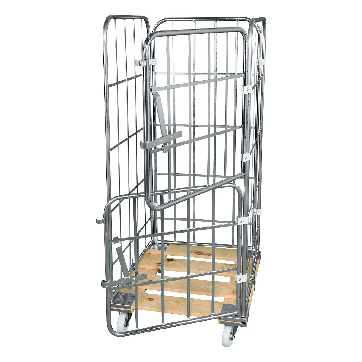 Houten rolpallet met 2 zijhekken, 1 achterwand, 2 halve voorwanden