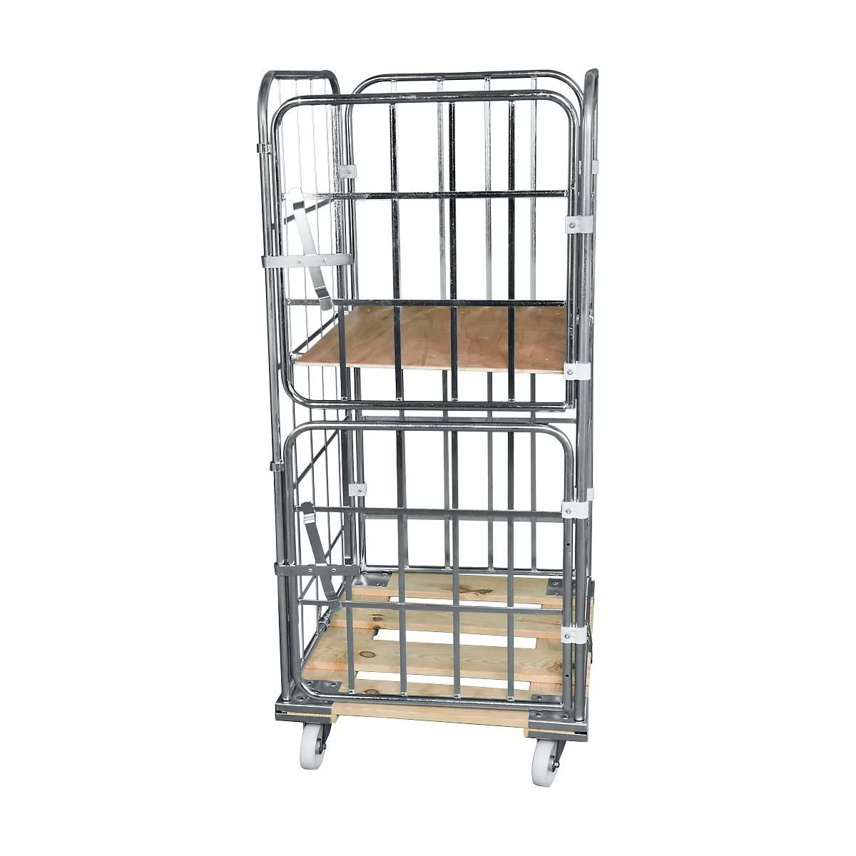 Houten rolpallet met 2 zijhekken, 1 achterwand, 2 halve voorwanden