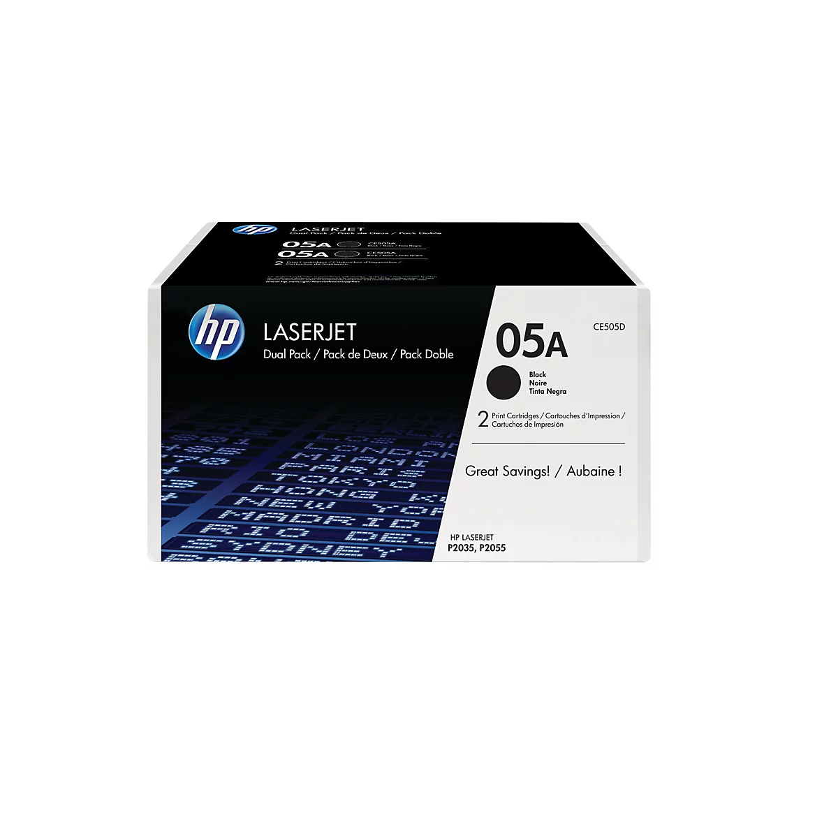 Eine HP LaserJet 05A Tintenpatrone. Aufschrift: 05A, Black, Noire, Tinta Negra und Great Savings!